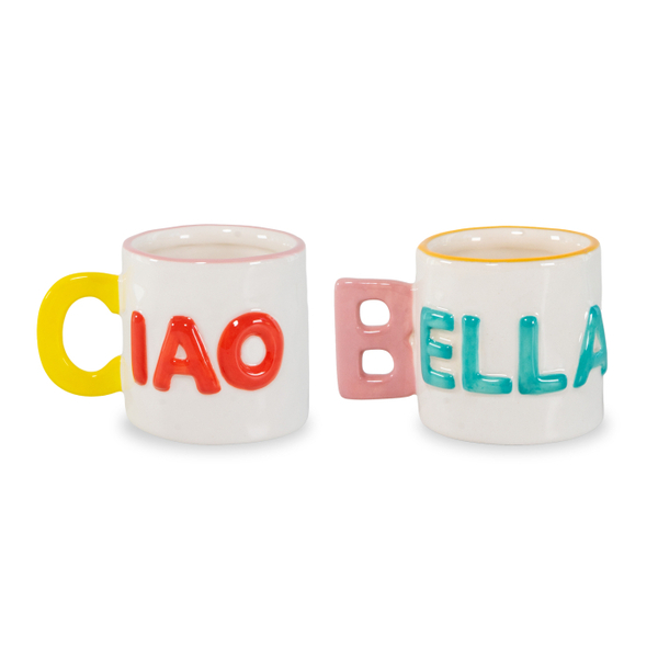 Set Of 2 - Stoneware Coffee Cups Capacity 100 Ml Ciao Bella Decoration