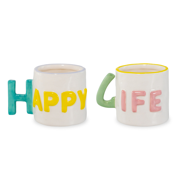 Set Of 2 - Stoneware Coffee Cups Capacity 100 Ml Happy Life Decoration
