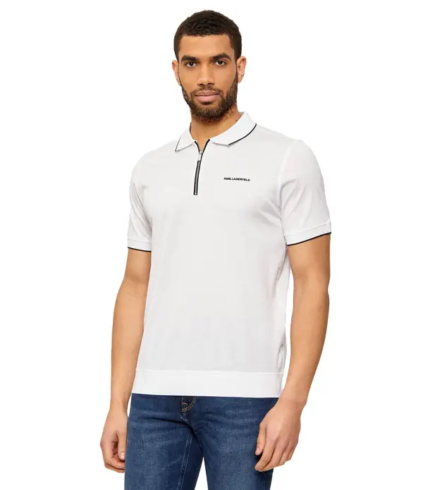 Regular Fit Zip-Neck Polo Shirt with Tipping Detail