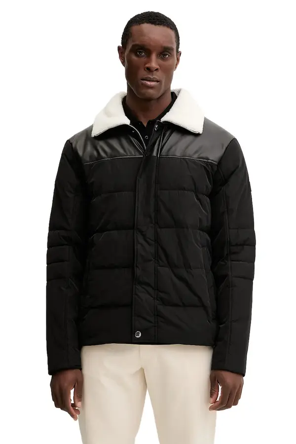 Mixed-Media Puffer Jacket with Borg Collar