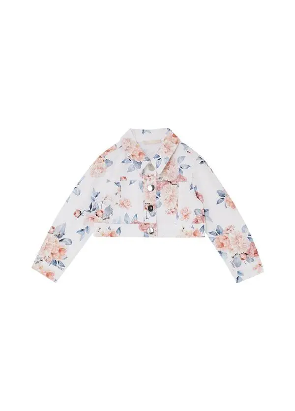Kids Girls Cropped Denim Jacket with Peony Floral Print