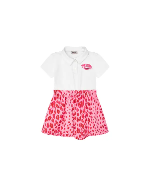 White & Pink Lip Print Polo Short Sleeve Dress