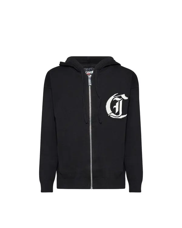 Zip-Up Knit Hoodie with Gothic Monogram