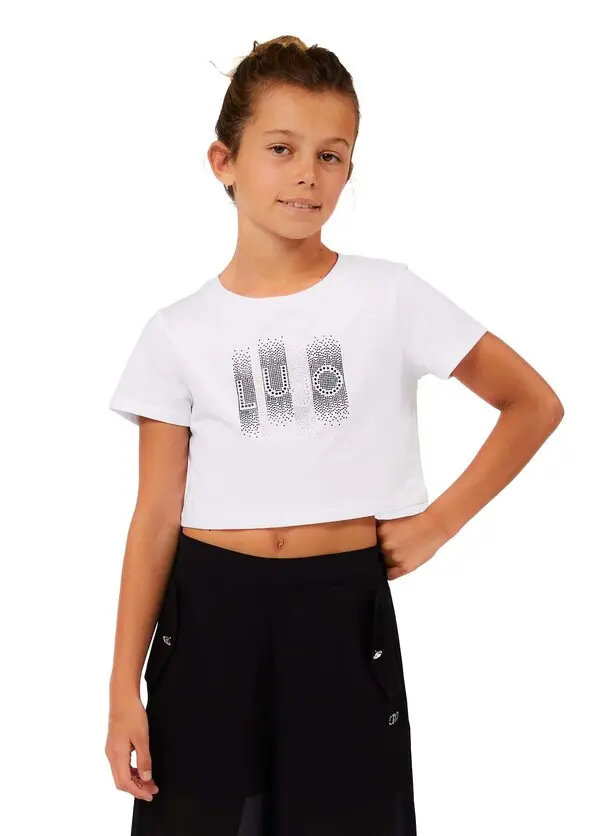 Cropped Short Sleeve T-shirt with Studded Logo Graphic