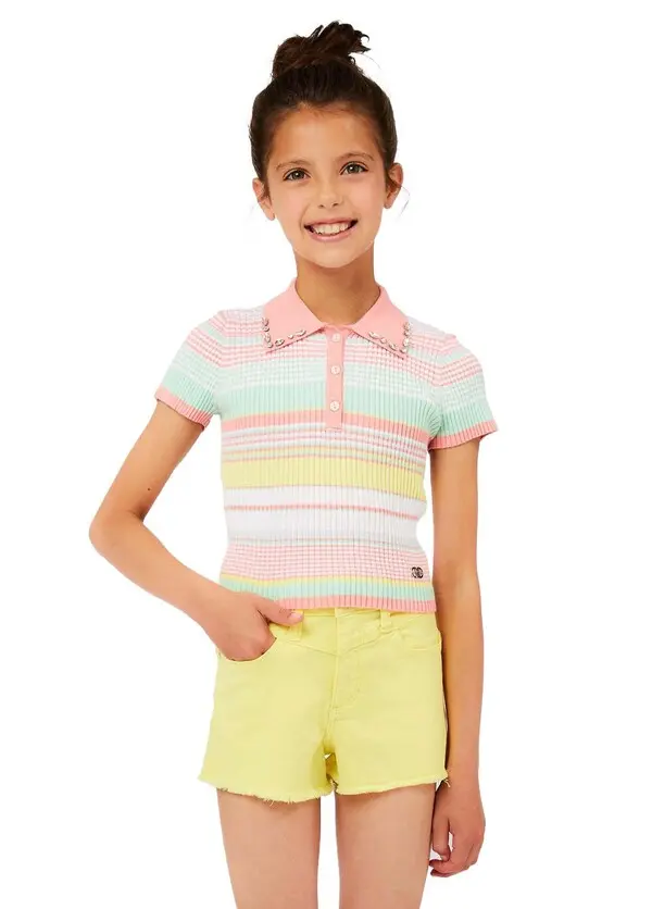 Striped Rib-Knit Polo with Embellished Collar