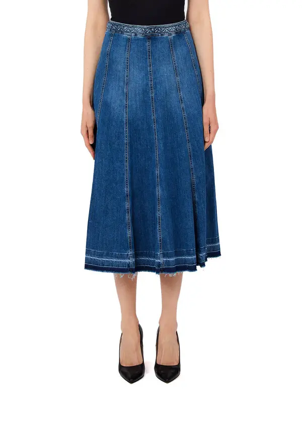 Paneled Denim Midi Skirt with Frayed Hem