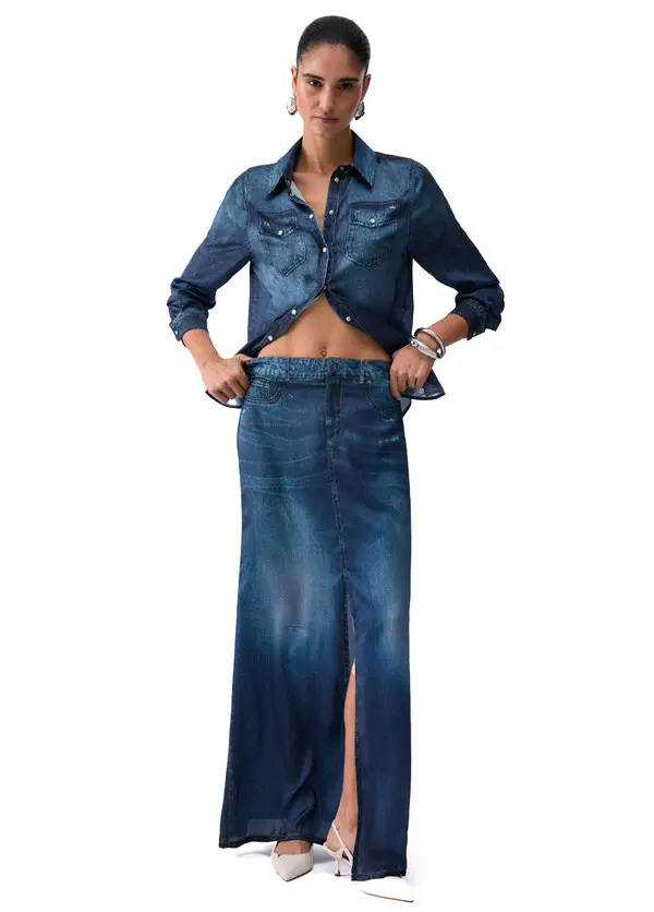 Long Flowing Skirt With Digital Denim Print  & Slit