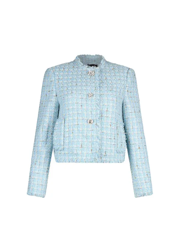 Smart Bouclé Jacket with Bejewelled Button Closure