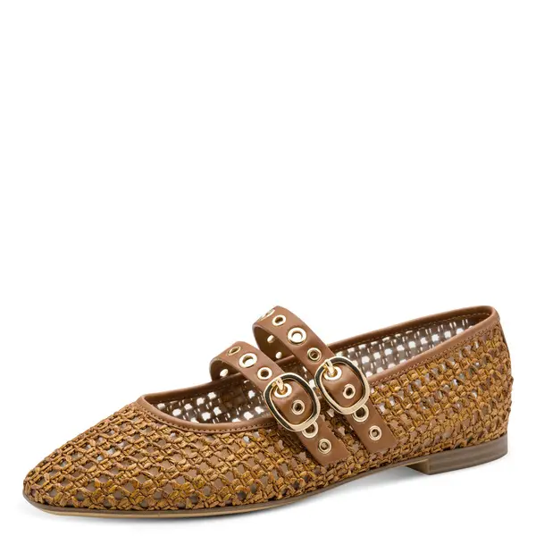 Woven Raffia Mary Jane Ballerina with Grommet Double Straps