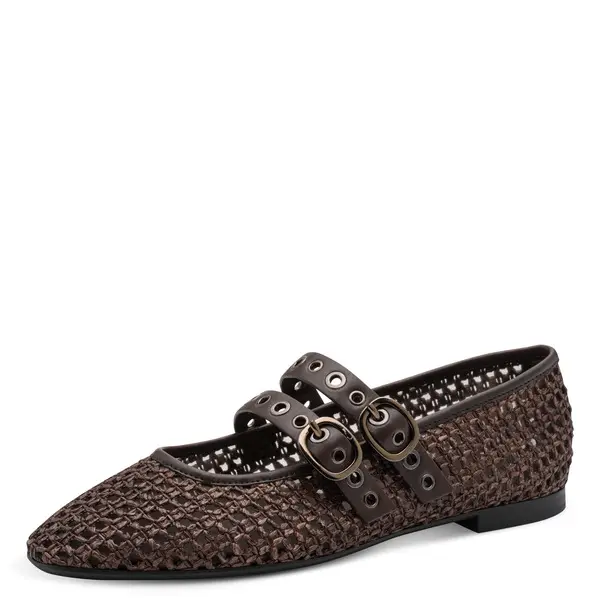 Woven Raffia Mary Jane Ballerina with Grommet Double Straps