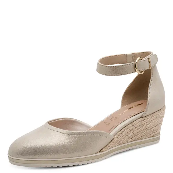 Metallic Ankle-Strap Espadrille Wedge Pump