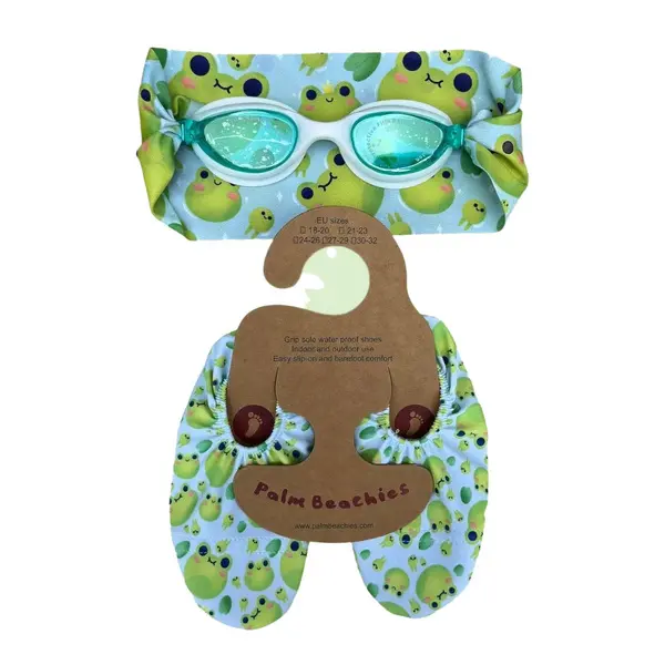 Kids Boys Set of Swim Goggles & Frog Printed Beach Slippers - Large