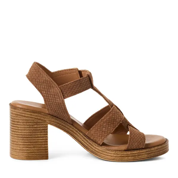 Woven Suede T-Strap Block Heel Slingback Sandals