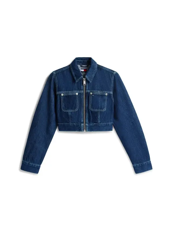 Cropped Denim Jacket with Contrast Stitching