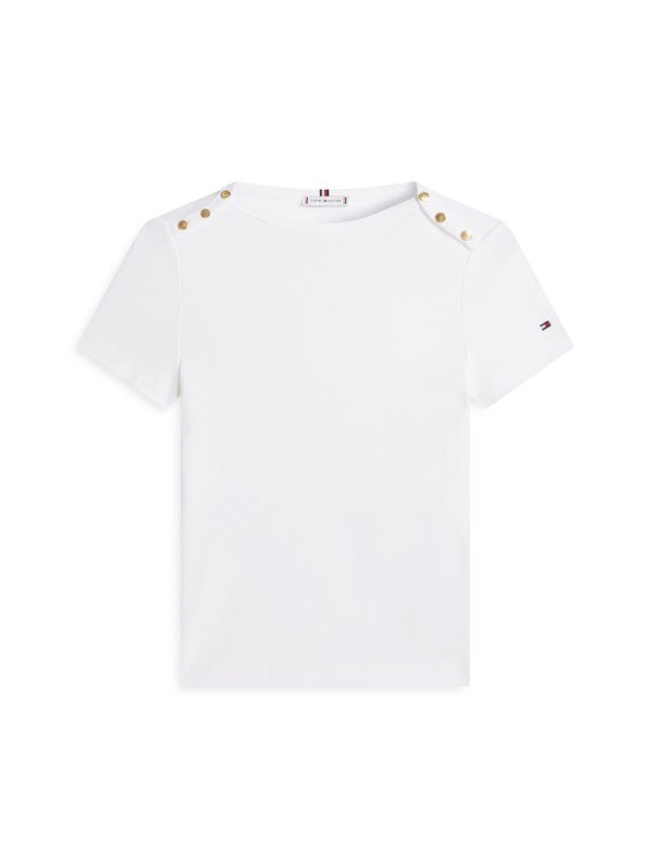 Gold-Tone Button Slim Boat Neck T-Shirt