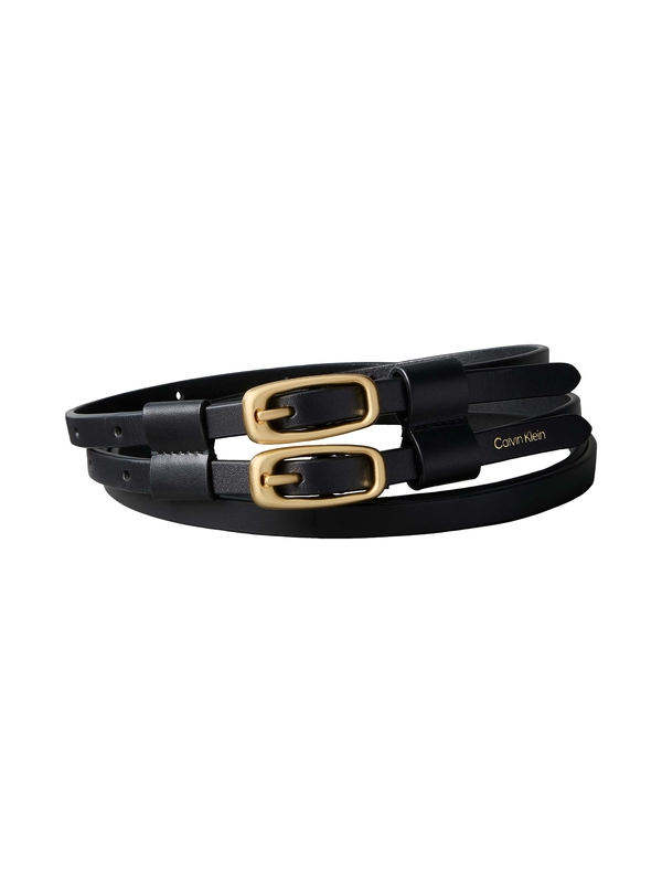 Skinny Double-Strap Leather Belt with Gold Buckles