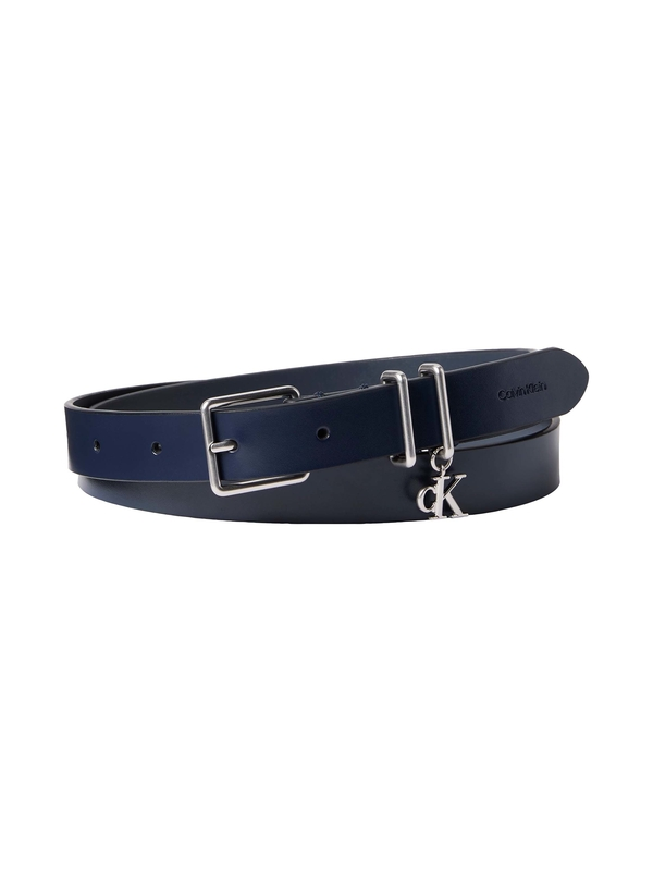 Leather Belt with Rectangular Buckle and Monogram Charm Detail