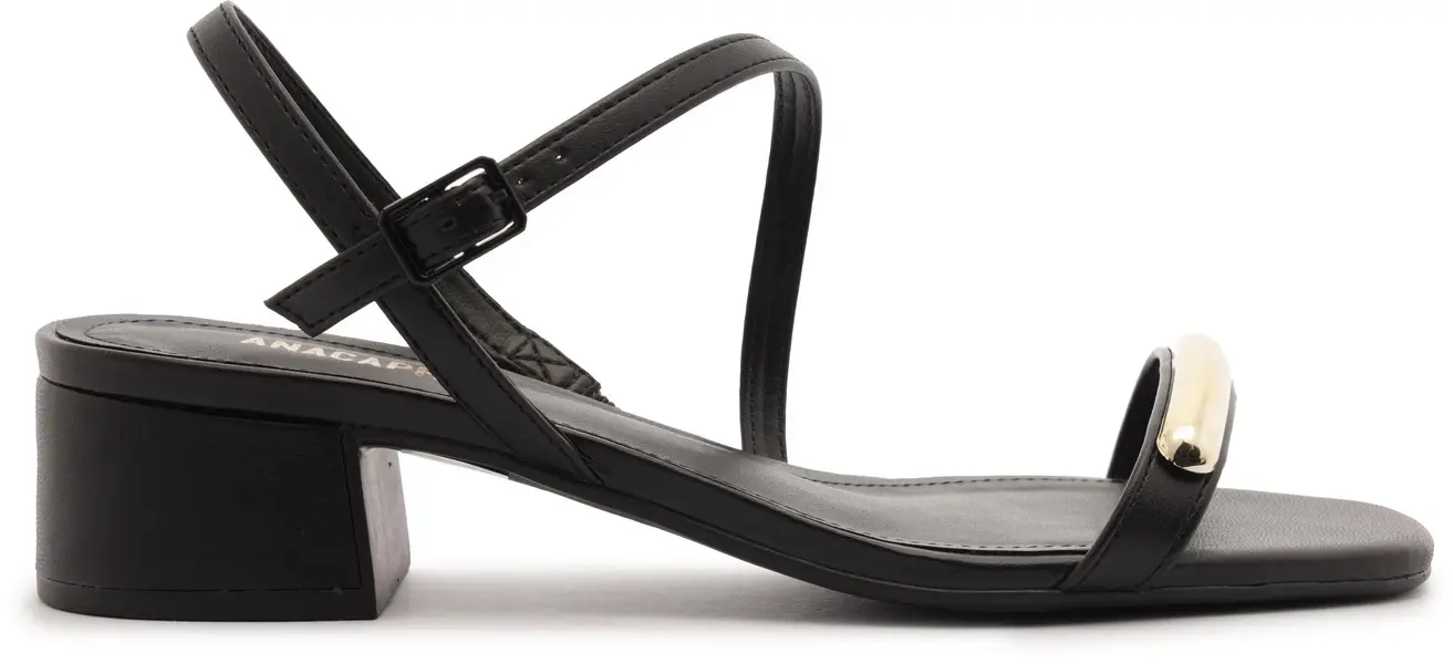 Leather Block Heel Sandals with Central Gold Detail Image