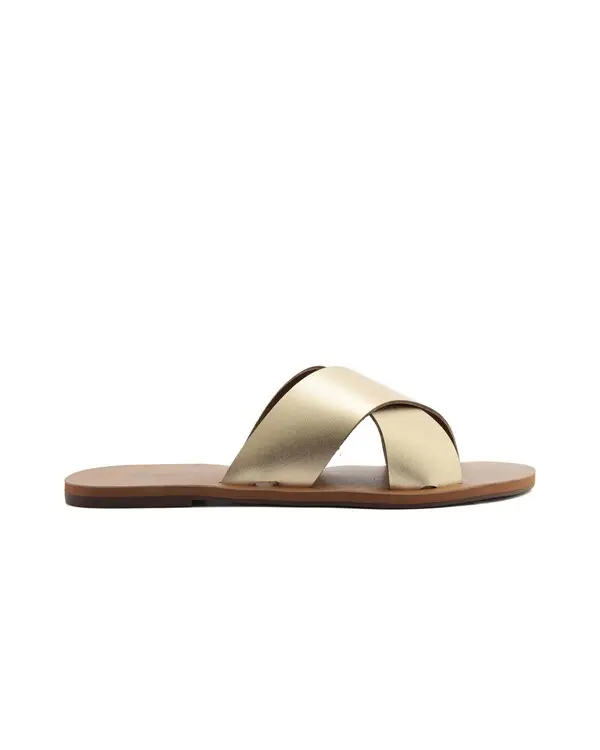 Gold Leather Flat Slipper with Crossed Straps Image