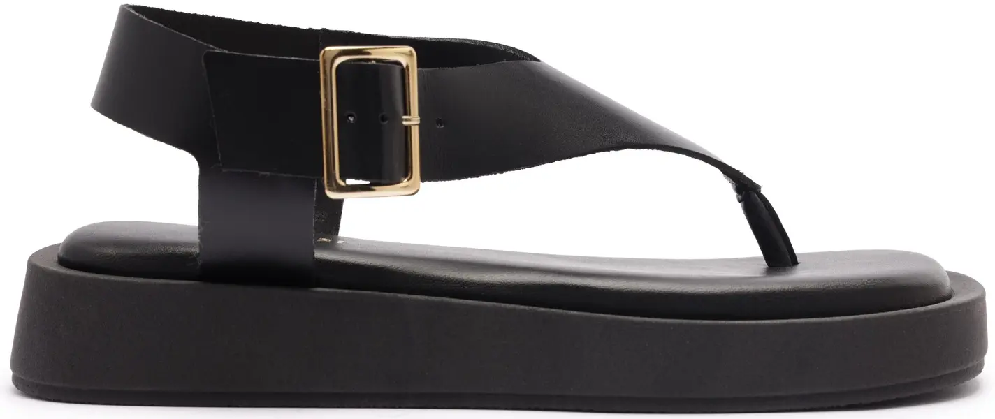 Black Soft Leather Flatform Thong Sandal with Ankle Strap Image