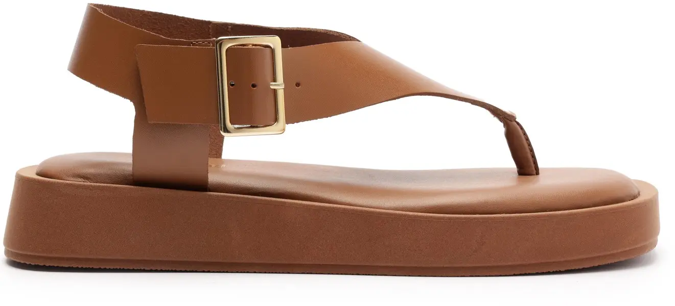 Brown Soft Leather Flatform Thong Sandal with Ankle Strap Image