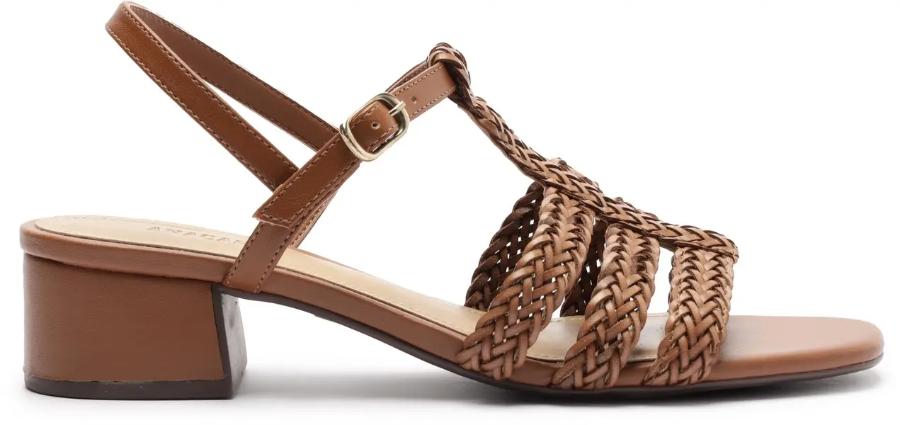 Brown Braided T-Strap Block Heel Leather Sandals Image