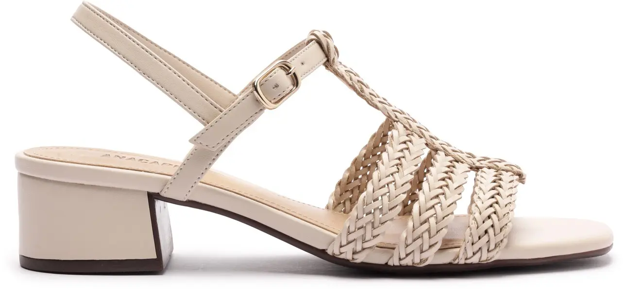 White Braided T-Strap Block Heel Leather Sandals Image