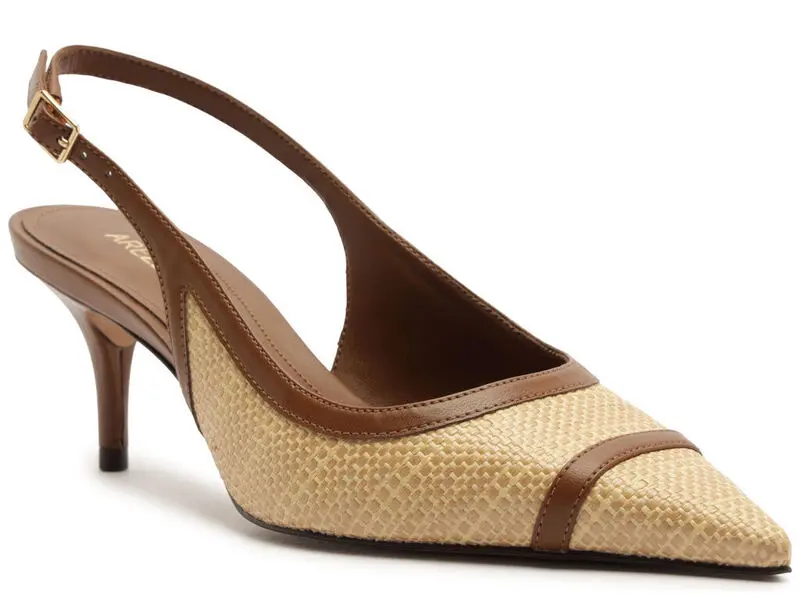 Raffia and Cognac Leather Slingback Heeled Pump