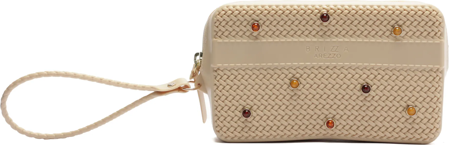Beige Woven-Texture Pouch Bag with Gemstone Studs Image