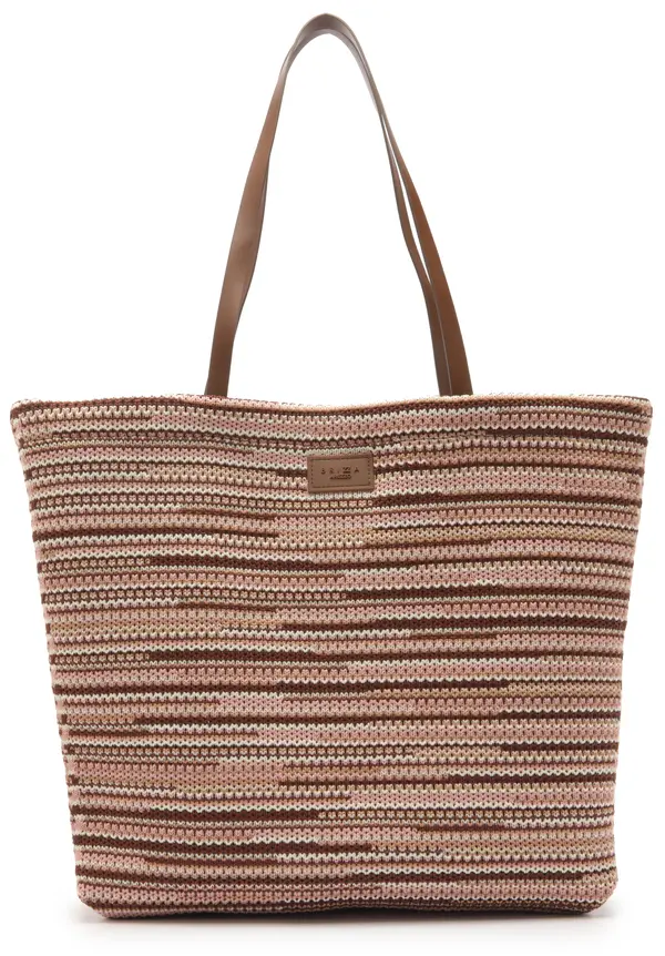 Multicolor Striped Knit Tote Bag with Brown Straps Image