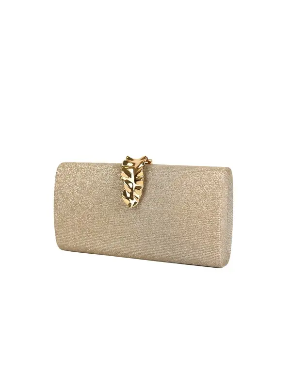 Shimmering Hard-Shell Clutch Bag with Sculptural Leaf Clasp