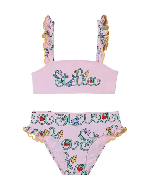 Two-Pieces Swimsuit with Strawberry Garden Print and Yellow Ruffle Sleeves