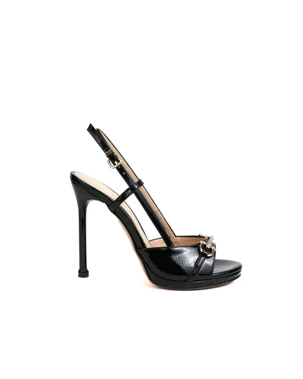Patent Leather Stiletto Sandals with Crystal Buckle Detail
