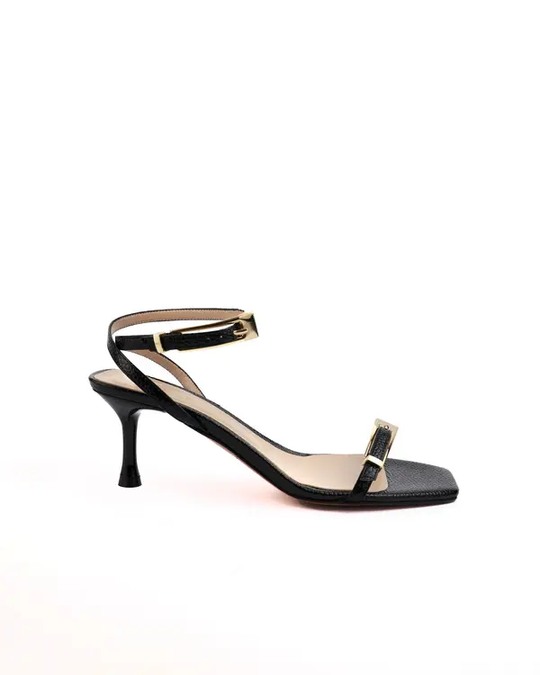 Pebble-Grain Leather Square Toe Sandals with Gold Buckle Hardware