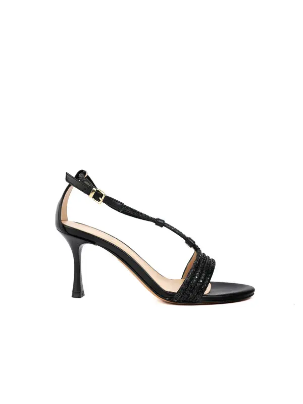 Shimmering Micro-Beaded T-Strap Heeled Sandals
