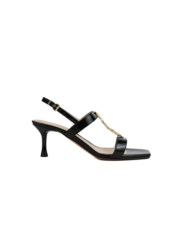 Patent Leather Square Toe Sandals with Sculptural Gold Link Hardware