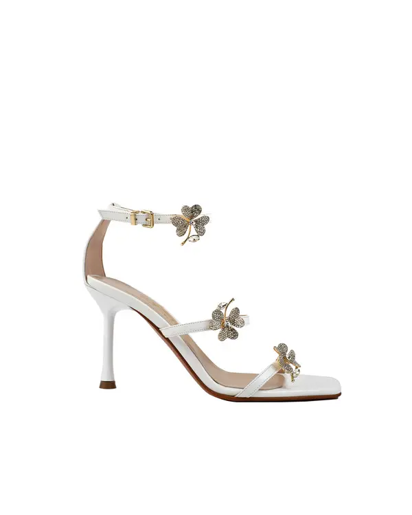 Leather Square Toe Sandals with Crystal Flower Appliqués