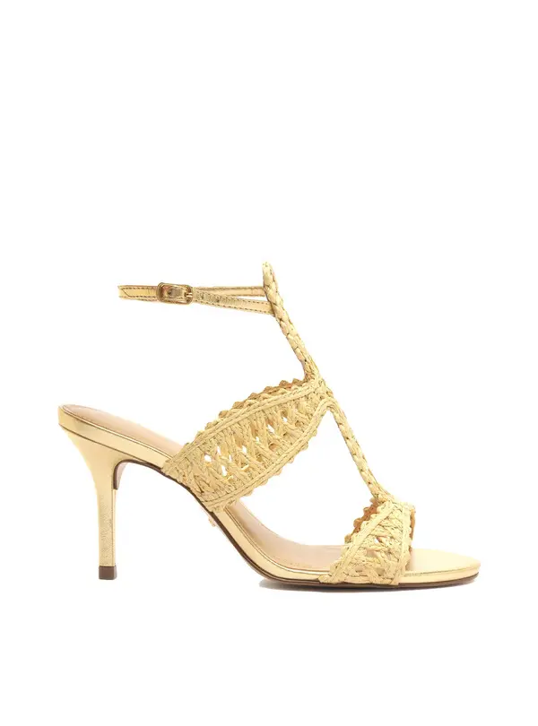 Metallic and Raffia-Style T-Strap Stiletto Sandals Image