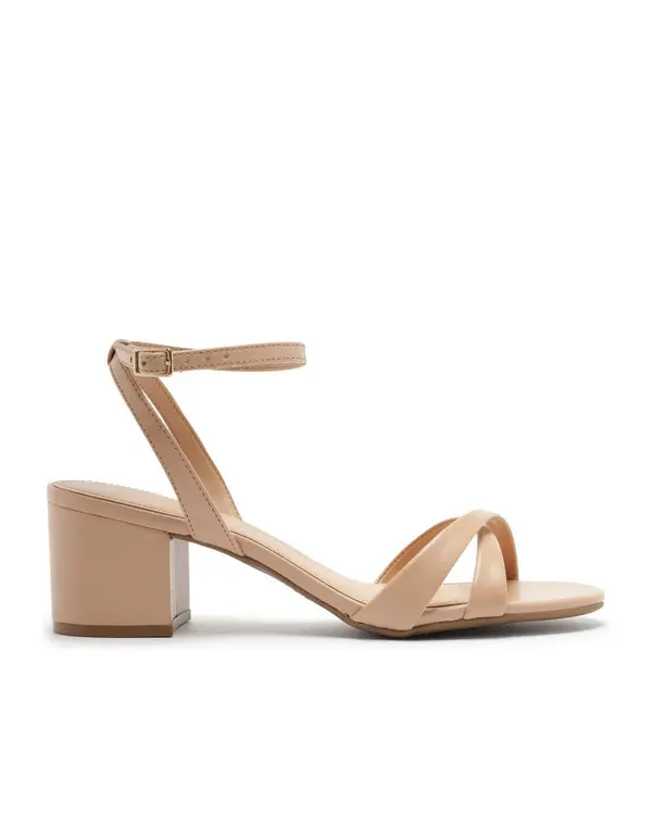 Beige Block Heel Ankle Strap Sandals