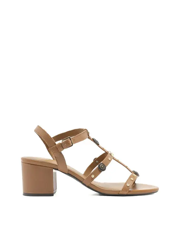 Caramel Leather Sandal with Block Heel and Metal Straps