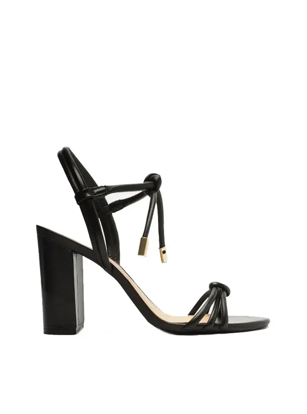 Black Leather Sandal with High Block Heel and Knot Strap