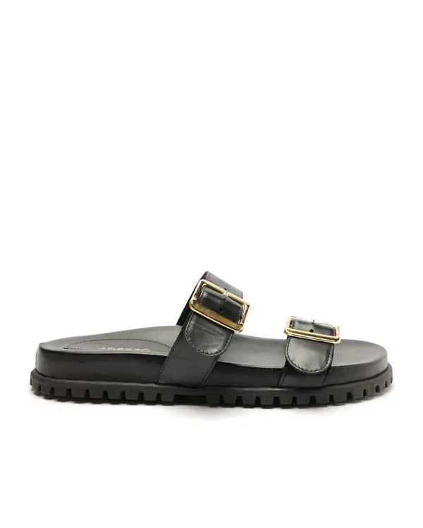 Black Leather Platform Slipper with Tractor Sole and Straps