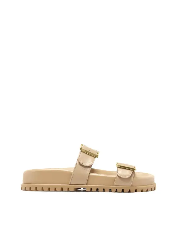 Beige Leather Platform Slipper with Tractor Sole and Straps