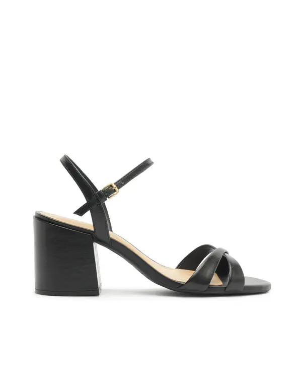 Black Leather Block Heel Sandal with Thin Straps