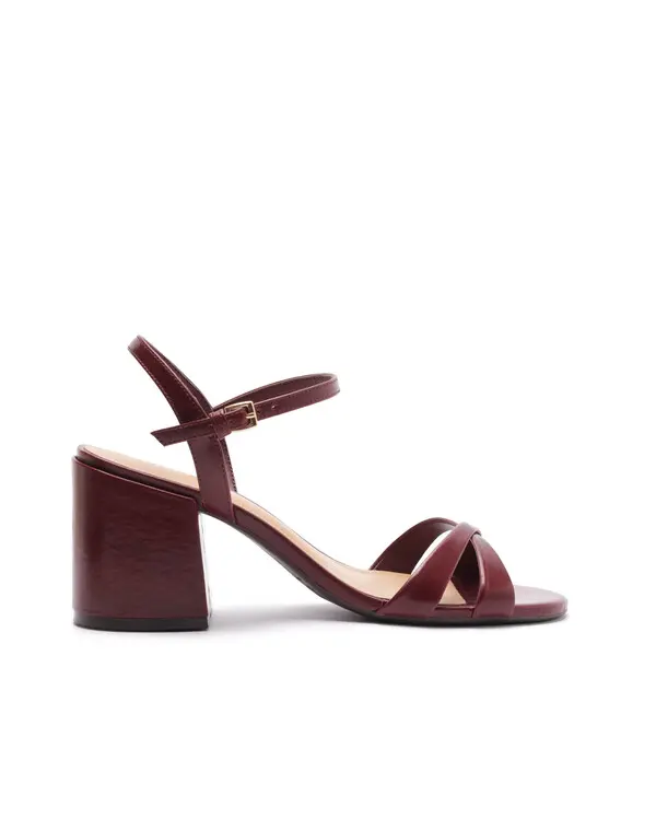 Basic Burgundy Leather Block Sandal with Thin Straps