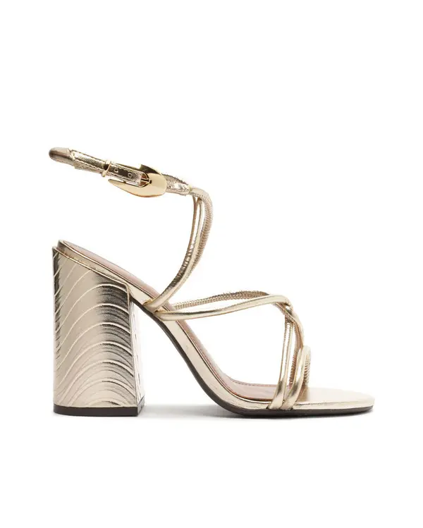 Gold Metallic Textured Block Heel Sandals