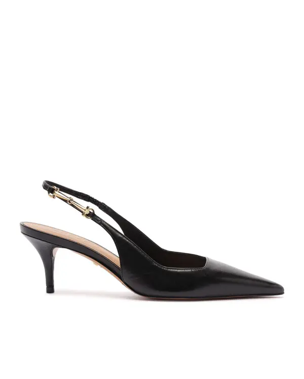 Black Leather Slingback Pump with Metal Detail