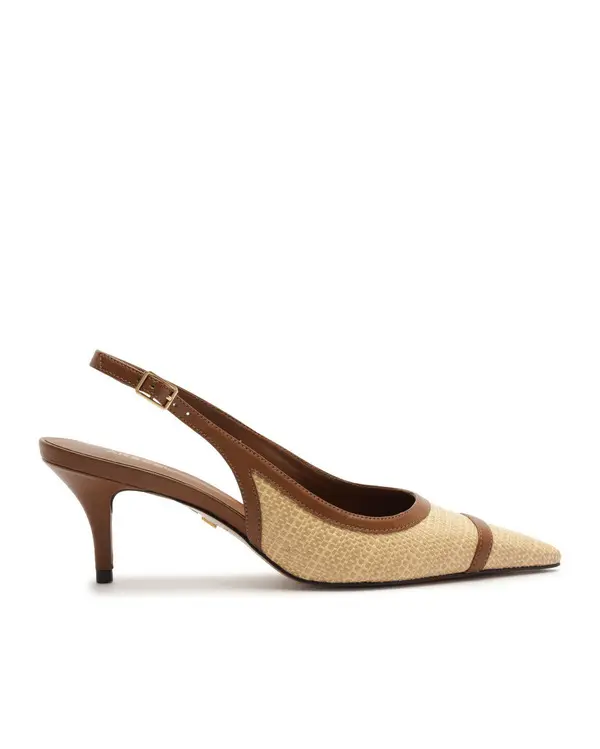 Raffia and Cognac Leather Slingback Heeled Pump