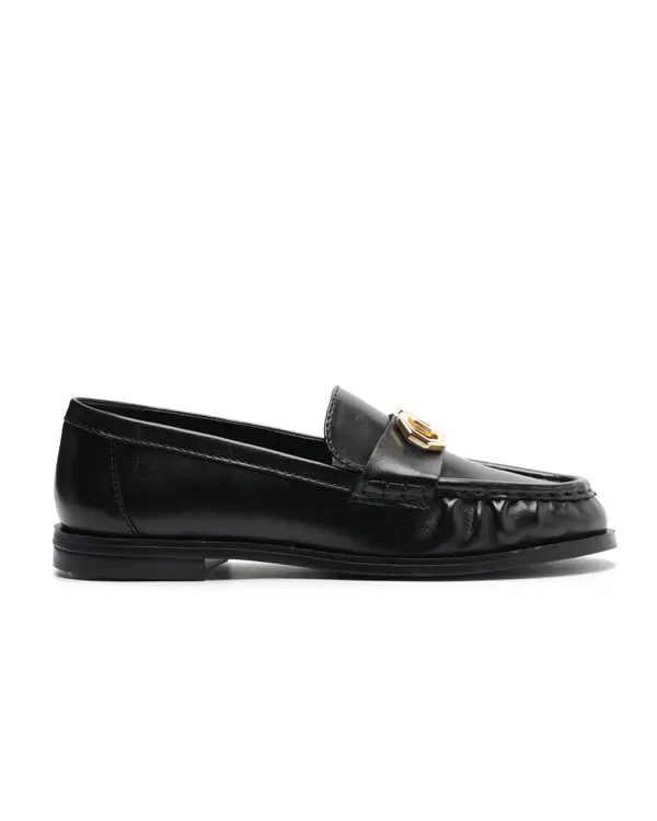 Black Leather Loafers with Ruched Metal Strap
