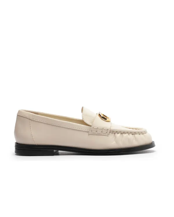 White Leather Loafers with Ruched Metal Strap